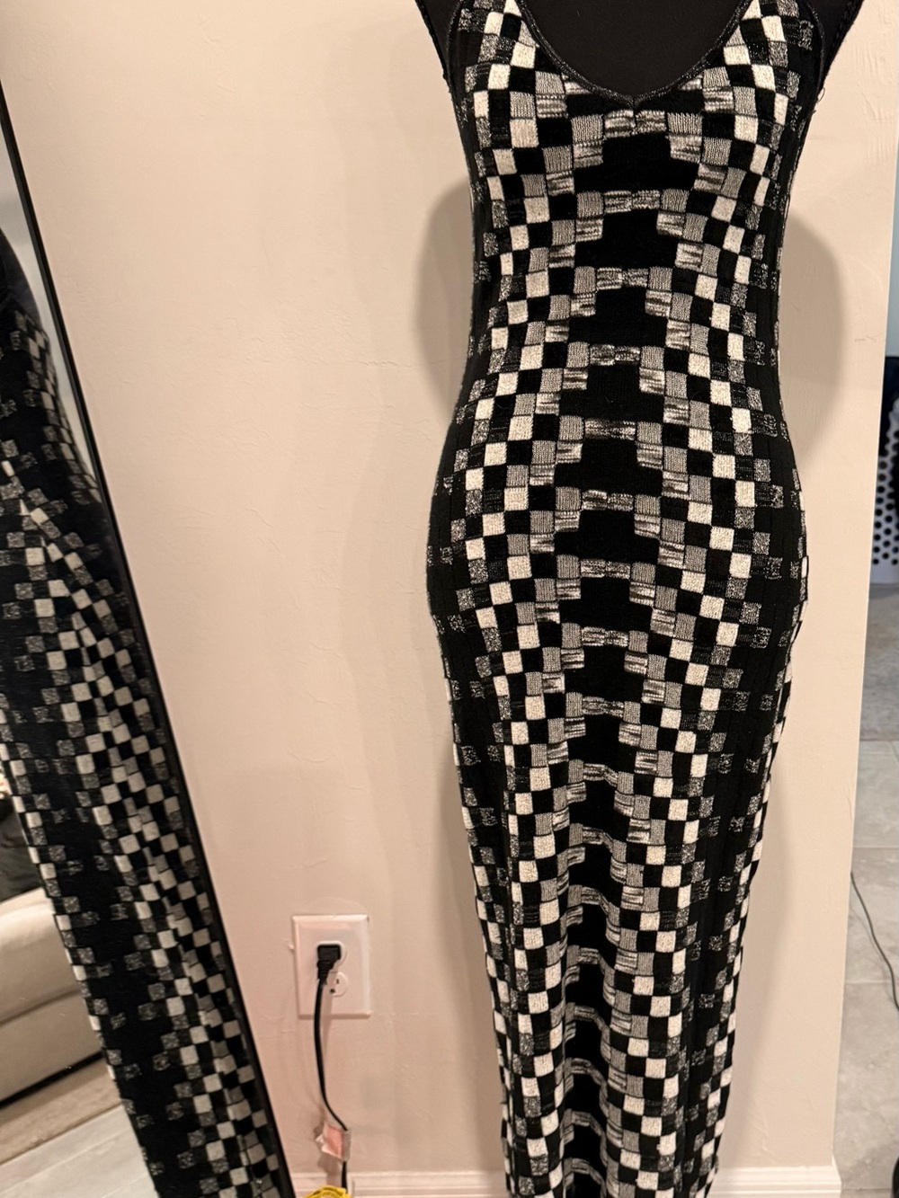 Vintage KENZO Paris Wool Knit Maxi Dress S Black White Geometric Y2K Bodycon